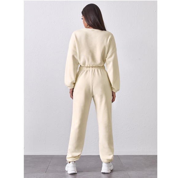2 Piece Set Beige Crop Sweatshirt and Jogger Pants - Picture 2 of 6